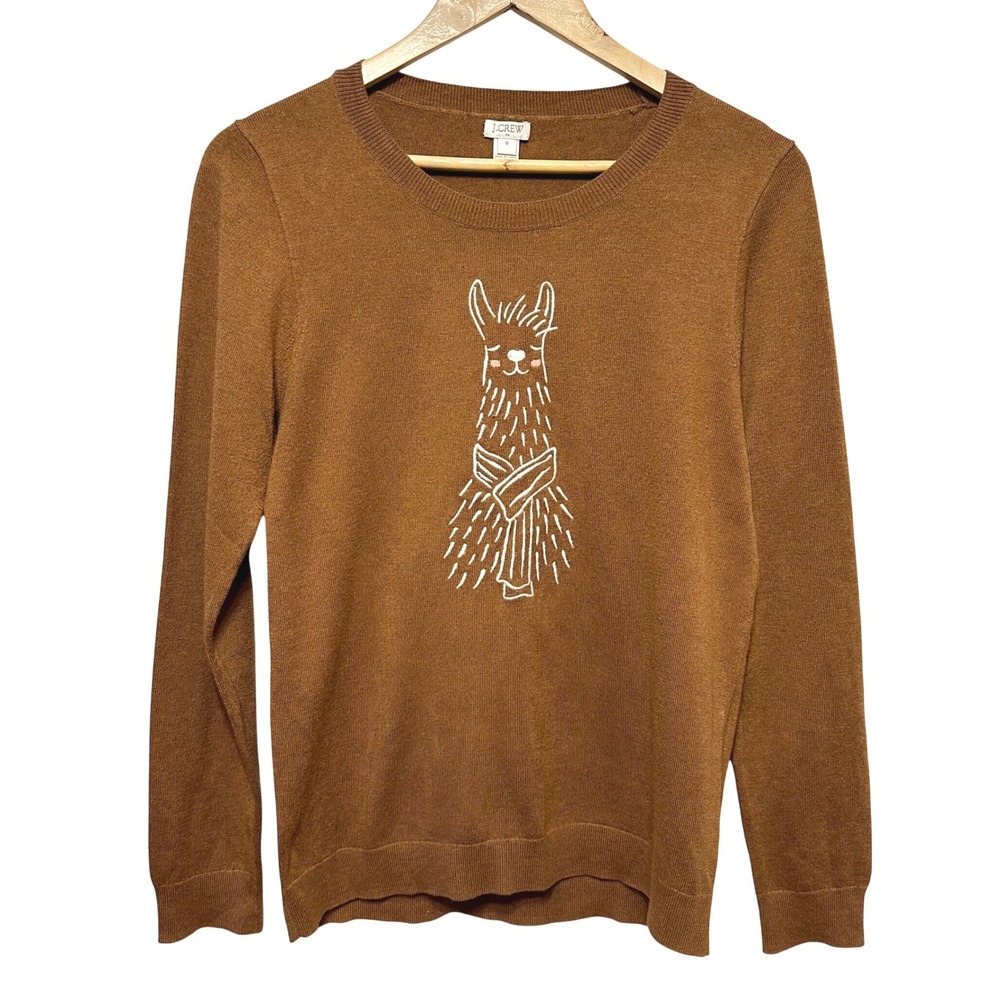 J.Crew Llama Sweater Women Medium Brown Embroidered Animal Cotton Wool Whimsical